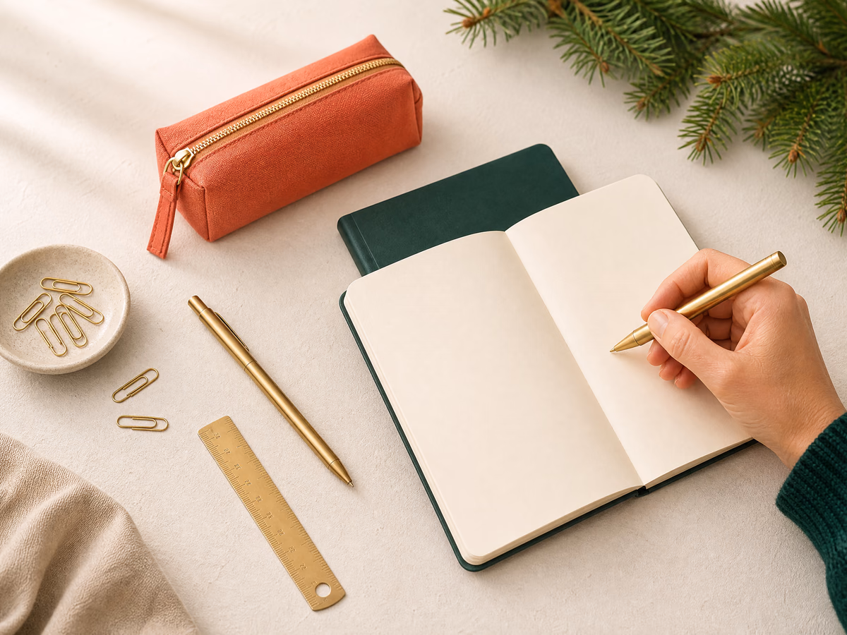 Kit de escrita com caderno verde, estojo coral e canetas